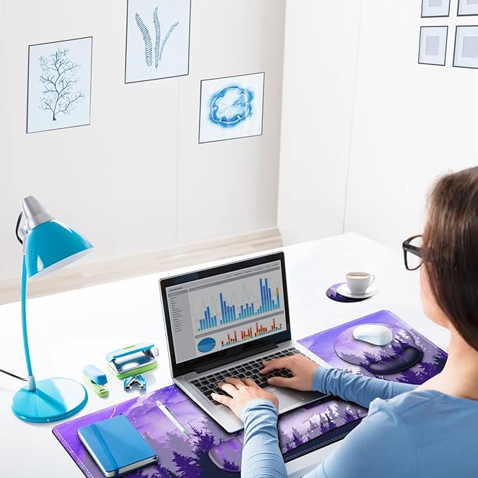 ARTSO Large Mouse Pad Ergonomic Keyboard Wrist Rest Support Combo, Memory Foam Gel Desk Mat Protector, Non-Slip Desk Blotter for Office, Home, Purple Forest