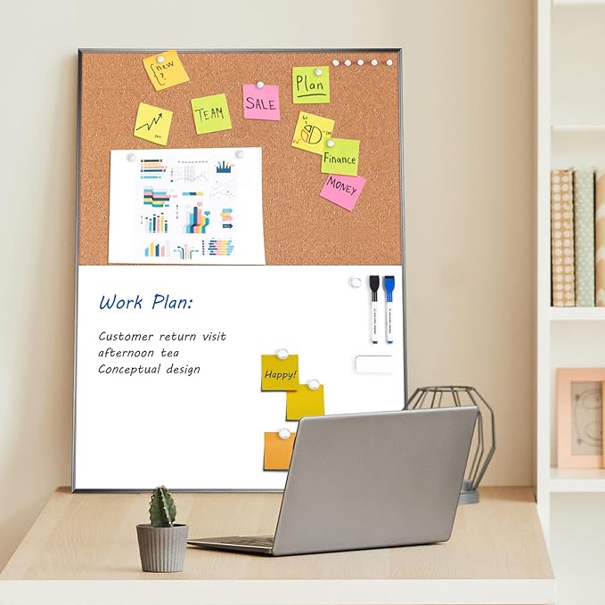 ARCOBIS Cork Board White Board Combo, 24 x 18 Inch Bulletin Board, Magnetic Dry Erase Board & Corkboard for Wall, Vision Board for Home, Office, School, Black Frame