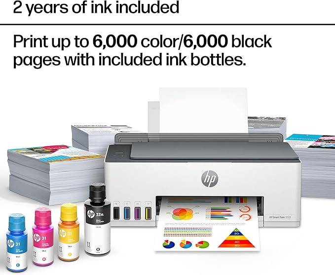 HP Smart Tank 5101 Wireless All-in-One Ink Tank Printer, Scanner, Copier with 2 years of ink, Best-for-home, Refillable, AI-enabled (1F3Y0A)