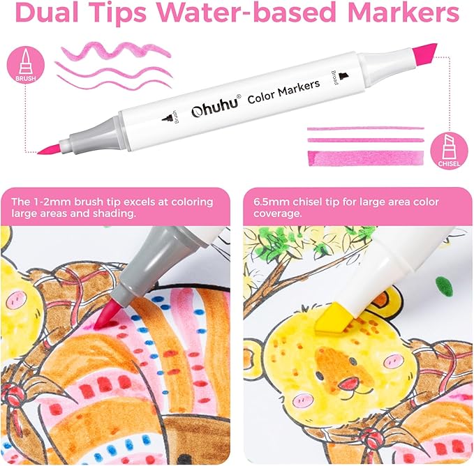 Ohuhu Markers for Adult Coloring Books No Bleeding 60 Colors Water-based Dual Tips Brush & Chisel Coloring Markers for Kids Adults Beginners Drawing Pens for Journaling Lettering