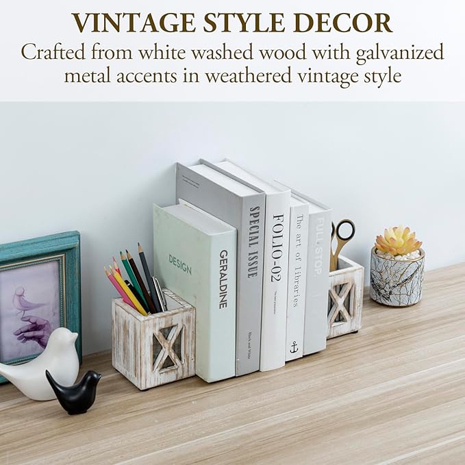 MyGift Decorative Bookends with Pencil Cup, Shabby Weathered White Washed Wood Bookends, Desktop Book Ends with Pen Holder Stationery Storage Bins for Home Office, Classroom, Dorm Room