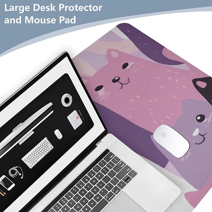 Mouse Pad Desk Mat Leather Desk Pad Large Gaming Desk Cover Protector Mat for Keyboard Computer Laptop Office Waterproof 35.4 x 16.5 Inch Pink and Purple Cats