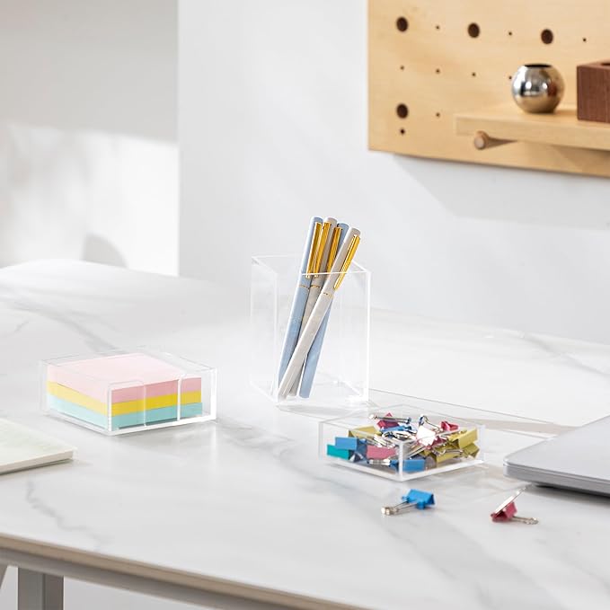 HBlife Office Desk Organizer Set of 3 with Pen Pencil Holder, Paperclip Storage and Sticky Note Holder, Clear Acrylic Desktop Accessories and Workspace Organizers for Women or Men