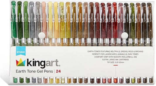 KINGART Soft Grip Earth Tone Gel Pens, XL 2.5mm Ink Cartridge, Set of 24 Unique Colors