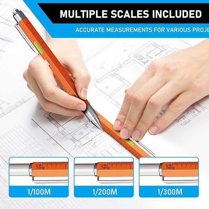Christmas Stocking Stuffers for Men Adults, 2 Pack Multi-Tool Pen Set, 11 in 1 Multitool Pen with LED Light, Ruler, Level, Screwdriver, Stylus, Flathead, Birthday Gifts for Men, Husband, Him, Orange