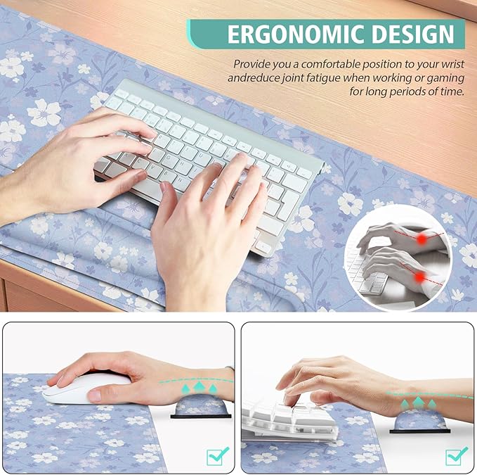 Large Mouse pad,4 in 1 Extended Keyboard Desk Mat with Wrist Rest,Non-Slip Desk Pad Protector Easy Typing Pain Relief for Home Office (Light Purple Flower)