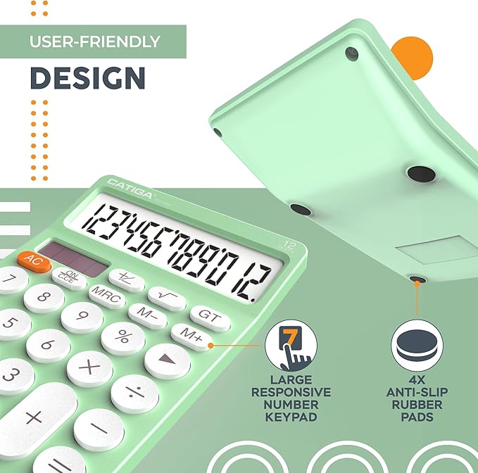 CATIGA 12 Digit Desktop Calculator Basic Desk Calculator with Large LCD Display, Big Buttons, 4 Function, Solar and Battery Dual Power, for Office, School, Home, SD-1292 Mint