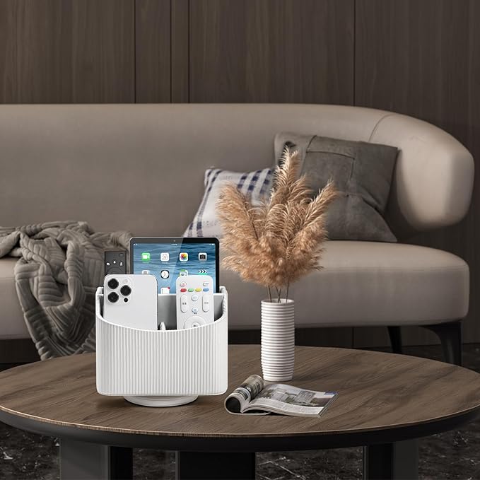 PU Leather Remote Control Holder, 360 Degree Rotating Desk Organizer Storage Table Remote Caddy, Spinning Bedside Organizer Nightstand Organizer for Desktop Office Home (White)