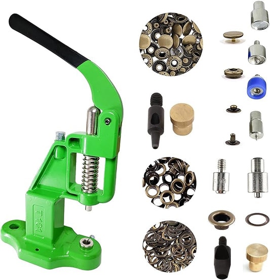 Hobby Trendy Hand Press with Rust Free Steel 50 Sets Ln24 15mm Fashion Spring Glove Snaps and 50 Sets Brass 8 mm (Nr5) Eyelets, Matching Dies and Hole Punches (Bronze Supplies, Green Press)