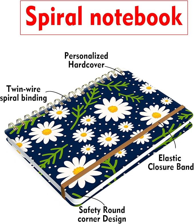 WLPFSAHF Spiral Journal Notebook for Women, Hardcover A5 College Ruled Notebook, 120 Pages, Thick Paper, Cute Lined Journal for School, Office & Work, 6 x 8.4 in(Little Daisy Flower)