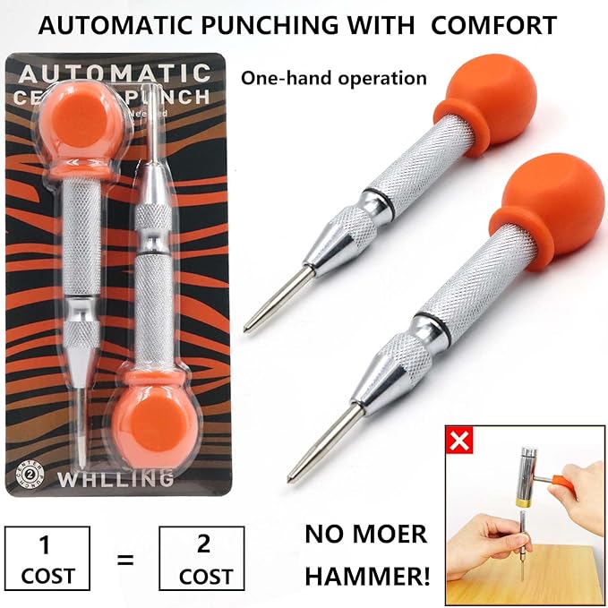 2-Pieces Automatic Center Punch, 5 Inch Adjustable Impact Hole Punch Metal Punch, Spring Loaded Center Punch Tool with Palm Cushion Cap for Wood Metal Leather