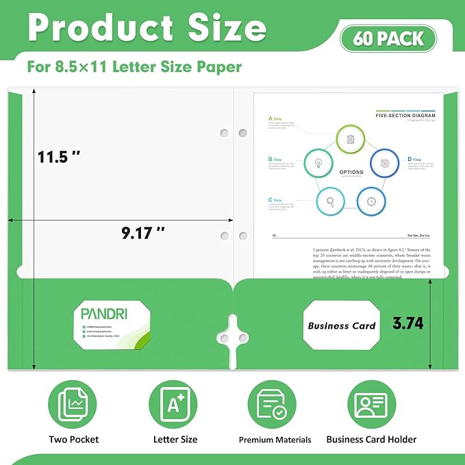 Two Pocket Portfolio Folders, PANDRI 60 Pack 3 Hole Punched 2 Pocket Folders for 3 Ring Binder, Letter Size Paper File Folder for School Office Home Business, Green