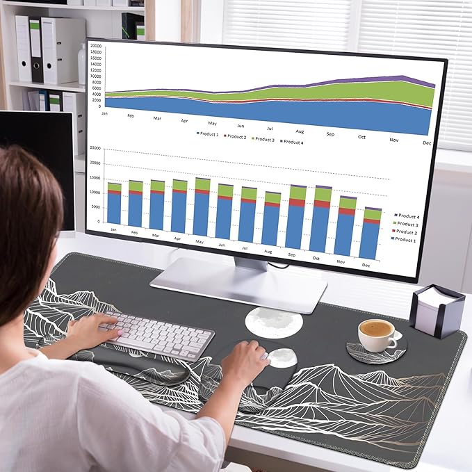 Large Mouse Pad, Keyboard Wrist Rest Set, Ergonomic Mouse Pad with Wrist Support, Desk Mat with Stitched Edges + Coaster, Extended Desk Pad Waterproof Desk Mat for Home Office Game I Moon and Valley