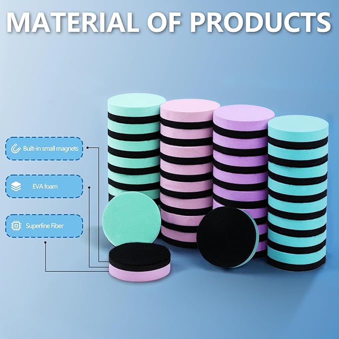 XKDOUS Round Magnetic Whiteboard Eraser 35 Pack, Small Dry Erase Eraser for Kids Classroom, 2x2 Inch Mini Dry Erase Board Eraser, Multipurpose White Board Eraser for School & Office Use (4 Colors)