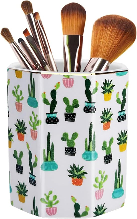 Pen Holder, Makeup Brush Holder Ceramic Shiny Gold Tropical Cactus Green Succulents Pattern Pencil Cup for Girls Kids Women Durable Stand Desk Organizer Storage Gift for Office, Classroom, Home