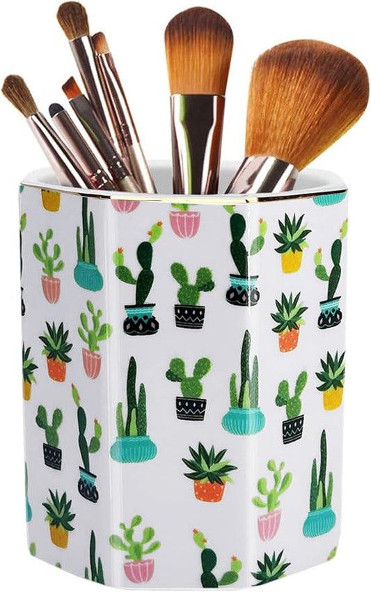 Pen Holder, Makeup Brush Holder Ceramic Shiny Gold Tropical Cactus Green Succulents Pattern Pencil Cup for Girls Kids Women Durable Stand Desk Organizer Storage Gift for Office, Classroom, Home