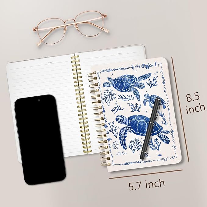 Cute Spiral Notebook journal A5 Aesthetic Pretty Floral Design for Women Girls Kawaii with Pocket, 8.5 x 5.7 inch, Turtle
