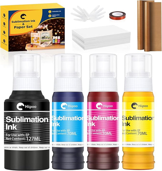 Hiipoo Sublimation Ink Set with 110 Sheet Sublimation Paper 8.5x11” 120G, 2 Pack Teflon Sheet, Heat Tape Compatible for Inkjet Printer ET-2720 ET-2760 ET-2800 ET-2803 ET-2400 ET-4700 ET-4800 ET-15000