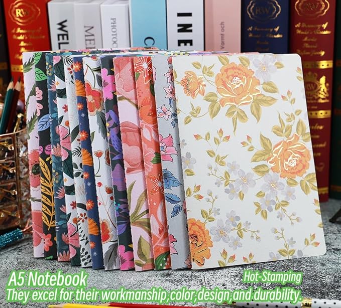 Composition Notebook Journals -12 Pack with 60 Lined Pages, 30 Sheets, Sewn Binding, Hard Cover Books Embossed Cover in Floral Bliss Pattern (5.75 x 8.35 Inches) for School, Office, or At-Home Use