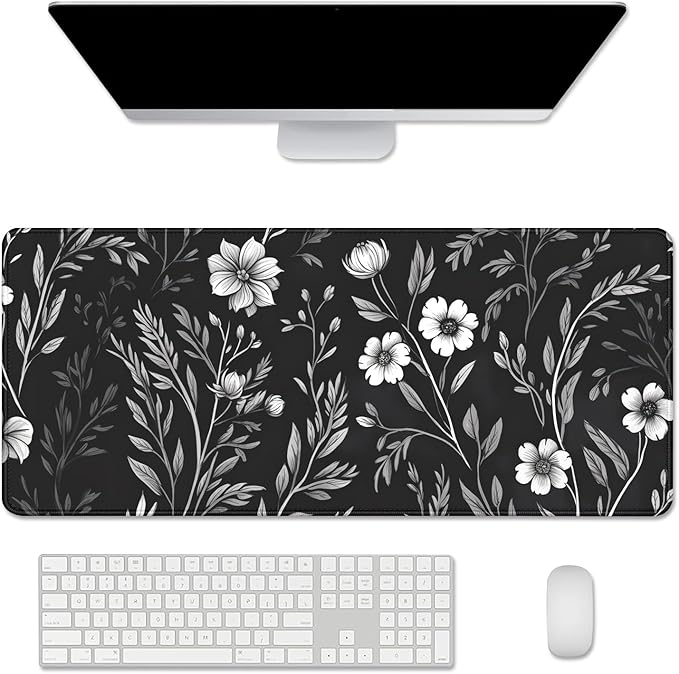 Black and White Mouse Pad Floral Desk Mat Large Desk Pad Alfombrilla para Mouse Gaming Mousepad with Stitched Edge Non-Slip Rubber Base for Work Study Gaming (27.5X11.8 in)