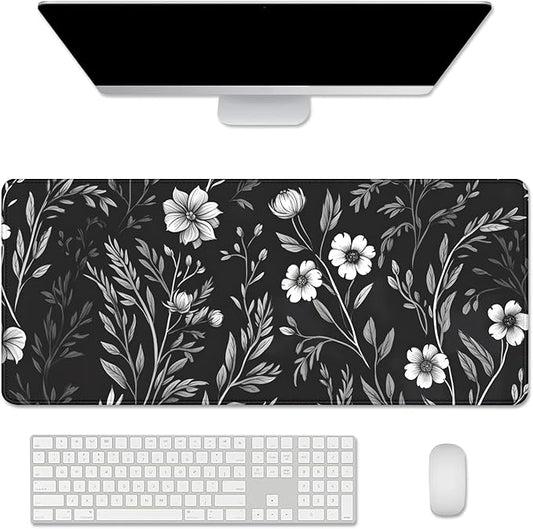 Black and White Mouse Pad Floral Desk Mat Large Desk Pad Alfombrilla para Mouse Gaming Mousepad with Stitched Edge Non-Slip Rubber Base for Work Study Gaming (27.5X11.8 in)