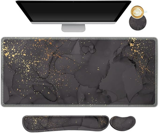 ARTSO Gaming Mouse Pad Wrist Support Set, XXL Large Desk Mat Mousepad + Keyboard Wrist Support+ Mouse Wrist Rest+Coaster 4in1 Ergonomic, Memory Foam, Stitched Edge for Home Office -Black Grey Marble