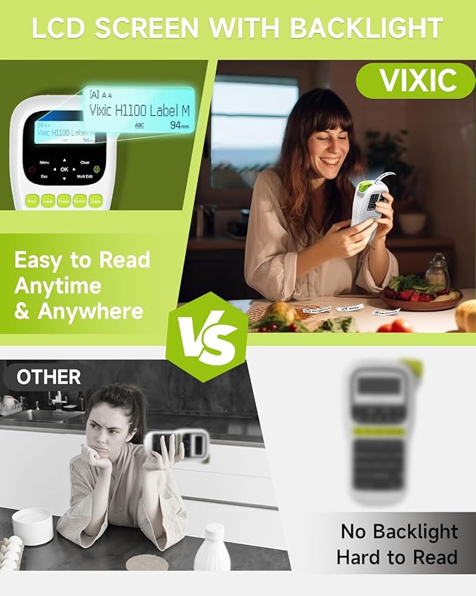 Vixic Label Maker Machine with-Tape, H1100 Handheld Label Maker Portable Labeler with Backlight Screen Keyboard for Home School Office Organization, Multiple Fonts Symbols Borders Easy to Use Inkless