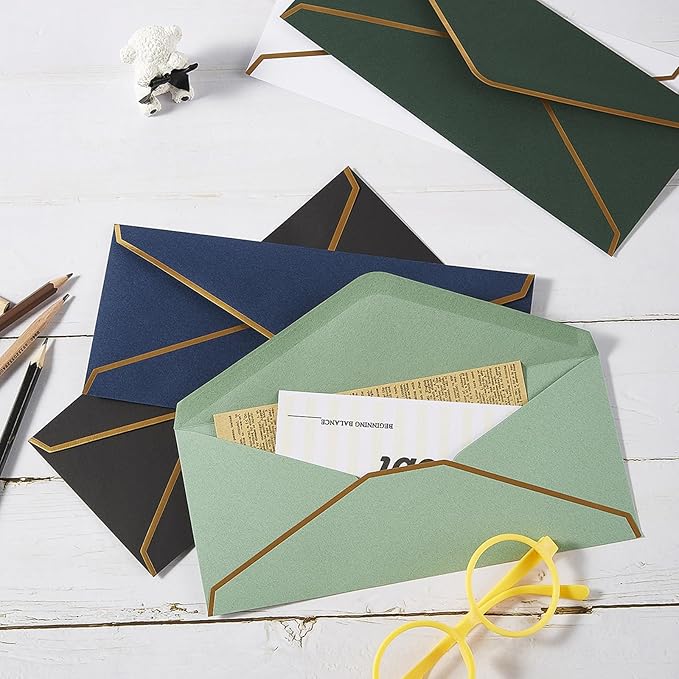 30 Pack Thick #10 Business Envelopes with Gold Border, 4 1/8 x 9 1/2 Thick Paper Standard Envelopes with Stickers for Office, Checks, Letter Mailing, Invoices (Navy Blue)