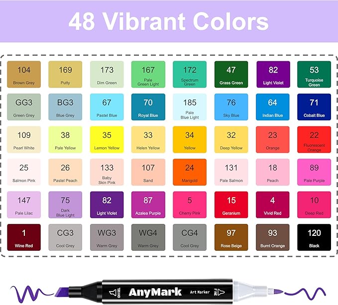AnyMark Alcohol Markers, 48 Colors Dual Tip Art Coloring Markers Set for Kids Adult Book Drawing Sketching Painting, Chisel & Fine, Black Penholder