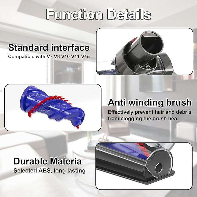 Mini Motorized Tool Brush Head for Dyson V7 V8 V10 V11 V15 Cordless Vacuum Cleaner Head Anti-Tangle Pet Hair Attachment for Bed, Couch, Car, Carpet &Curtain