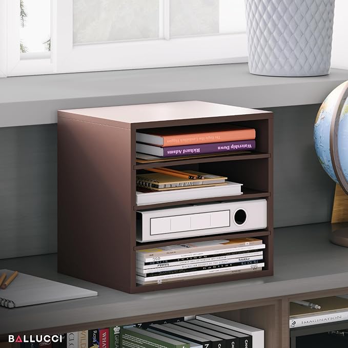 Ballucci 4-Tier Paper Organizer, Desk File Organizer, Stackable Letter Tray, Wood Mail Sorter with Adjustable Storage Shelves, Office Desk Organizer, Dark Brown