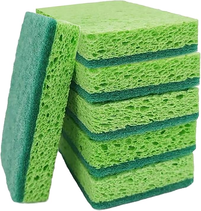 6Pcs Kitchen Sponges, Dual-Side Non-Scratch Cellulose Scrub Sponge, Dishwashing Sponge with Hanging Hole, Dish Scrubber for Household Cleaning,Dishes,Pots,Pans,Kitchenware, Safe for Non-Stick Cookware