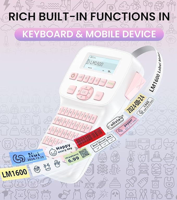 Pink Label Maker Handheld, Rechargeable Bluetooth Label Maker Waterproof-Labels, Keyboard Labeler Machine, Backlit Display, Multiple Symbol Icon Style Templates for Home Office Organization, LM1600