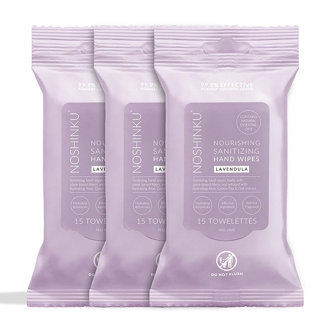 Noshinku – Lavendula Hand Sanitizer Wipes, 3-Pack (45 Towelettes) – Resealable Travel Wipes with Ethyl Alcohol, Aloe & Green Tea, Plant-Based Fiber, Essential Oil Scents, Cruelty-Free & No Dyes