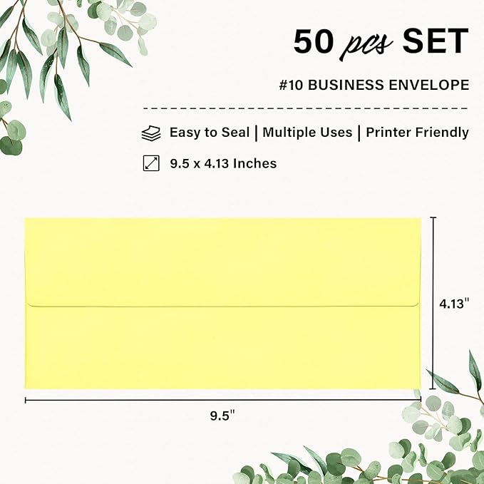 50 Pack #10 Business Envelopes, Self Seal Standard Light Yellow Envelopes for Secure Business & Legal Mailing, Office, Checks, Letter, Invoices, 4 1/8 x 9 1/2 Inches