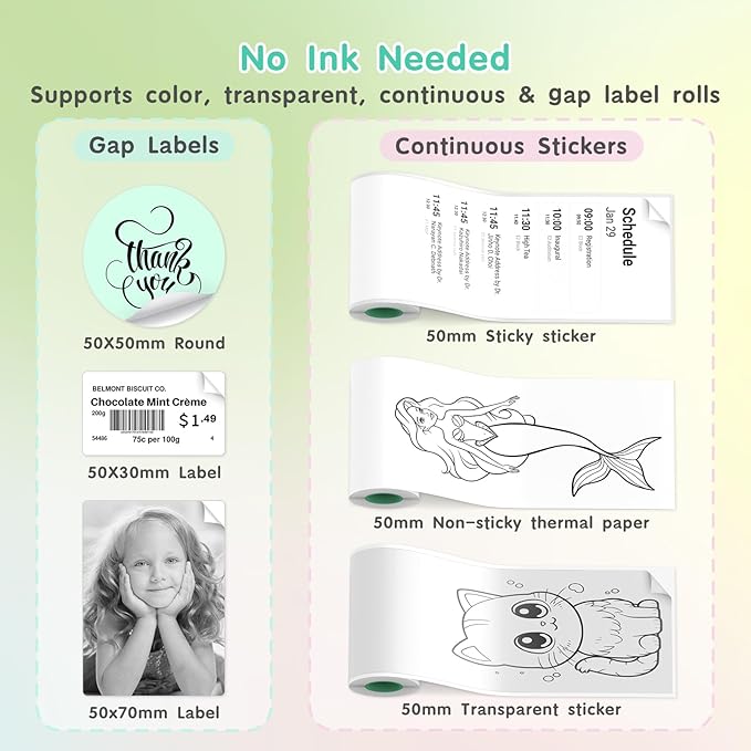 JD-23 Sticker Printer, Mini Portable Thermal Printer Print Pod, Inkless Bluetooth Label Maker Machine for DIY Crafts, Journaling, Office & Home Use, Includes 2 Rolls Sticker Paper