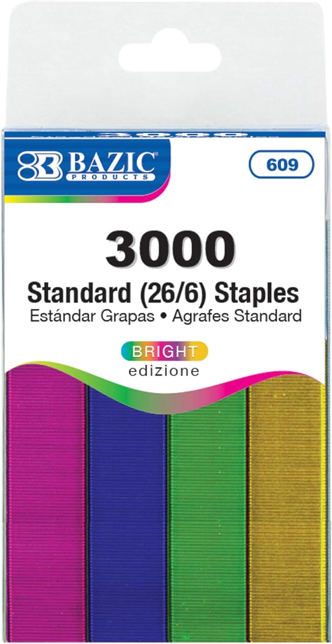 BAZIC Staples Standard (26/6) Metallic Color 3000/Pack, Stapler Refill Standard Size Staple, Assorted Colors, 24-Packs