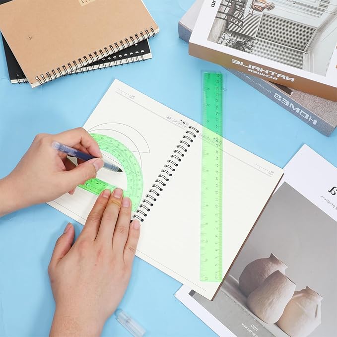 2 PCS 12 Inch Plastic Ruler and 6 Inch Plastic Protractor, Green Clear Ruler Protractor Math Geometry Sets Rulers Angle Finder with Inches and Centimeters for School Classroom Office Drawing Supplies