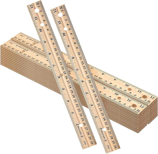 60 Pack Wooden Ruler 12 Inch (30cm) Bulk Wood Measuring Ruler Straight Metal Edge with 4 Holes for School Office Drafting Classroom Supplies, 2 Scale