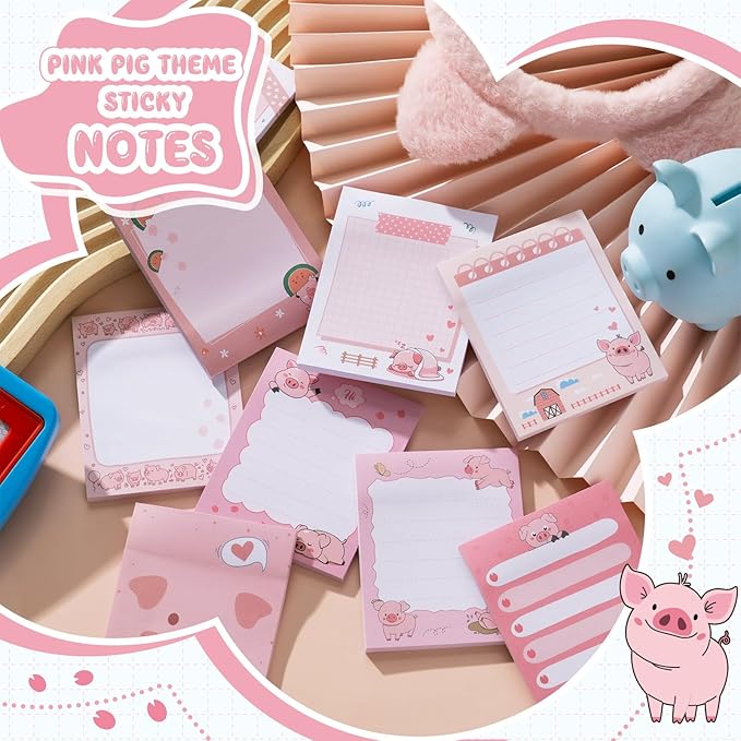 Sabary 9 Pads Cute Sticky Notes Animal Sticky Note Pads 3.15 x 3.94 Inches Colored Adhesive Memo Reminder Decor for Journal School Office Gifts (Pink Pig)