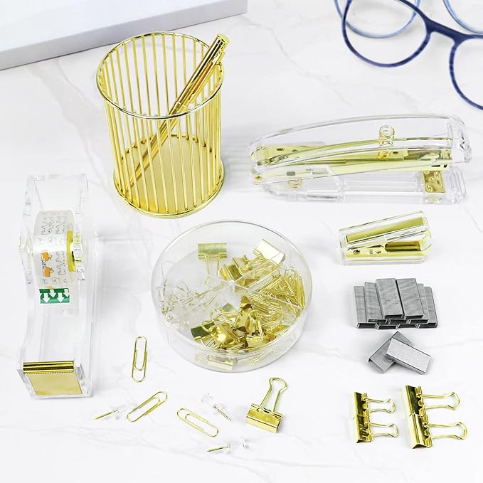 BOMEI PACK Desk Accessory Kit, Stapler and Staple Remover with 1000 Staples, Tape Dispenser with 1Rolls Transparent Tape, 1 Pen and Pencil Holder, Binder Clips, Paper Clips