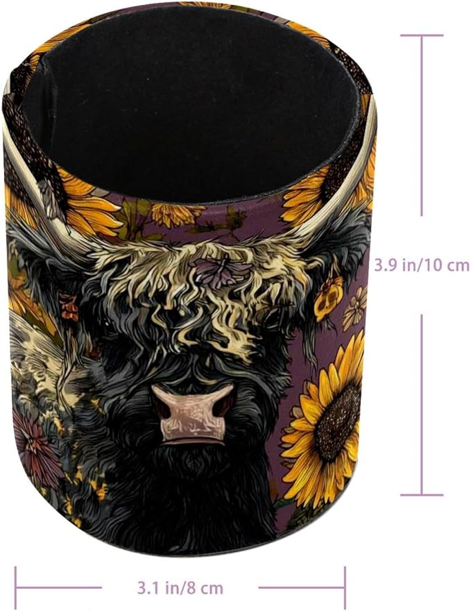 1 Pack Watercolor Sunflower Yak Circular Pen & Pencil Holder - Durable PU Leather Pencil Cup, Desk Accessories Organizer for Office Desk School Home