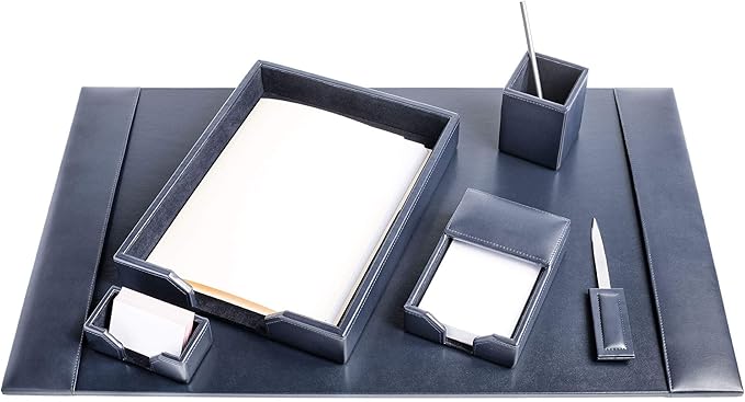 DACASSO Bonded Leather Desk Set - Luxury Leather Desk Pad & Desk Organization Essentials (Navy Blue, 6 Piece)