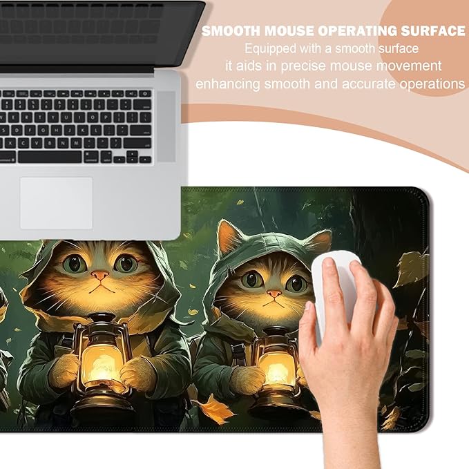 Anime Cat in Green Forest Adventure Gaming Desk Mat, Extended Large Fantasy Kawaii Cute Aesthetic Mouse Pad, Computer Keyboard Laptop Mousepad for Work, Office and Home, XL