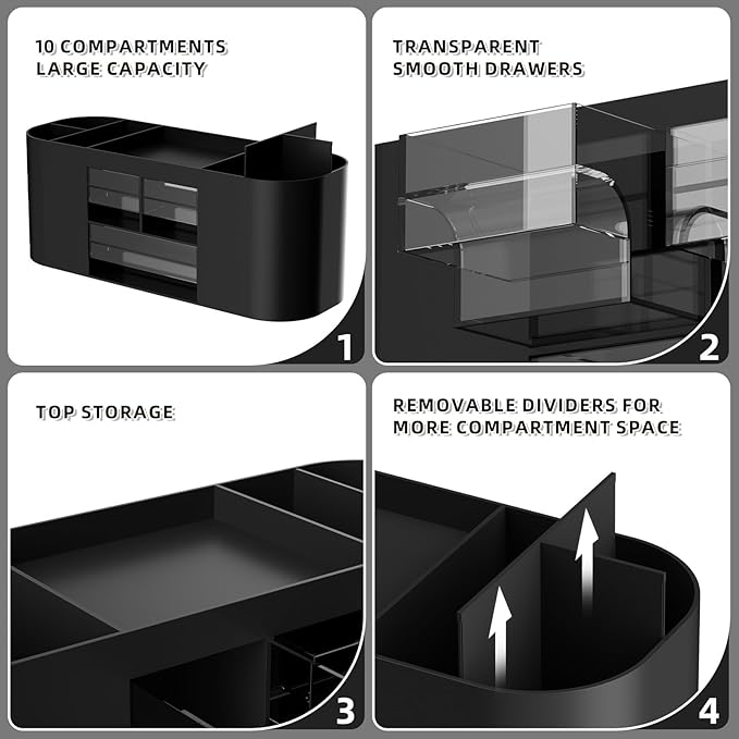 Marbrasse Desk Organizer Pen Holder with 3 Drawers, Multi-Functional Pencil Holder,Desk Organizers and Accessories with 7 Compartments for Home, School, Classroom (Black)