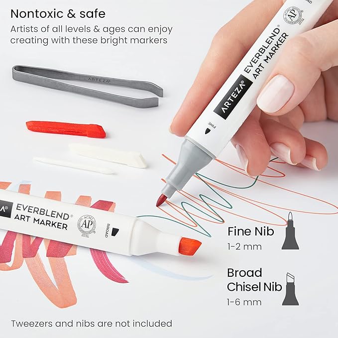 ARTEZA Alcohol Markers – Set of 144 EverBlend Dual Tip Markers with Fine and Chisel Nibs, Organizer Box for Drawing, Coloring and Illustration