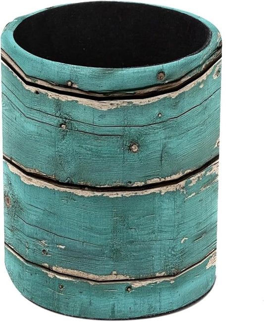 Round Creative Pen Holder |Rustic Distressed Teal Green Barn Wood P (1) Desktop Storage Organizer|Gadget Stationery Storage Box|Office Leather Organizer