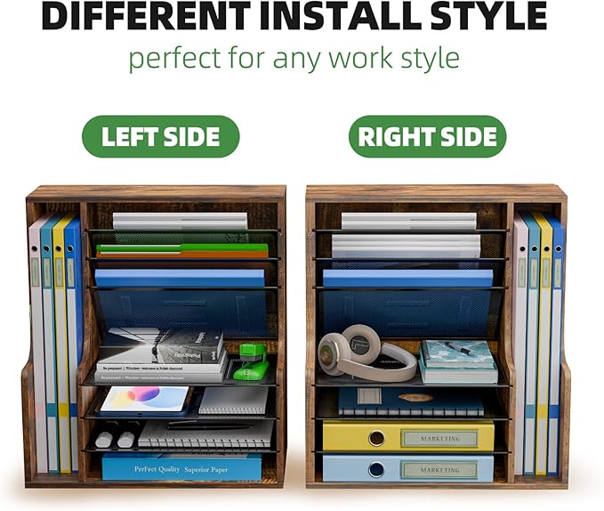 Simple Trending 7 Tier Desk File Organizer, Wooden Letter Tray Paper Organizer with Adjustable File Holder, Mesh Desktop Organizer and Storage for Office Supplies