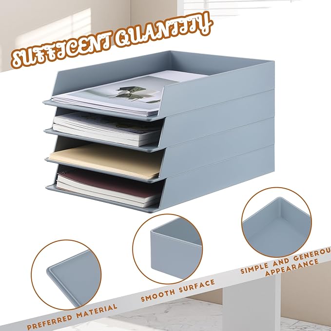 Wenqik 4 Pcs Stackable Paper Trays Rectangular Plastic Desk Holder Desktop Document File Organizer Storage Letter for Office Classroom (Gray)