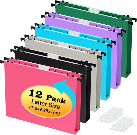 Extra Capacity Plastic Hanging File Folders,12 Pack Reinforced Hang Folder,Heavy Duty 1 Inch Expansion,Filing Cabinet Folders Letter Size for Bulk Files/Medical Charts (No Sealed, Assorted Colors)